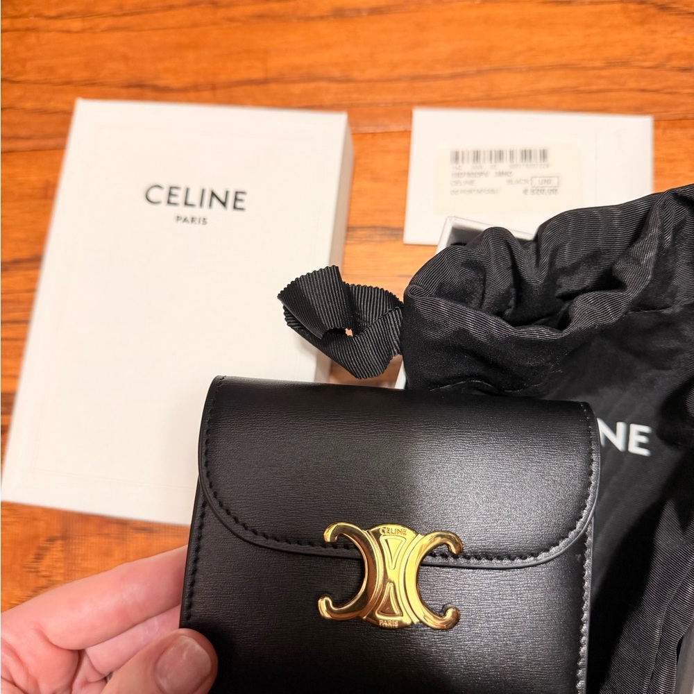Celine Black Leather Wallet with Gold Accent
